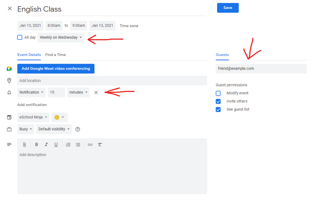 Example of Add Event in Google Calendar