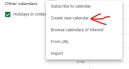 Picture of Create New Calendar Option in Google Calendar