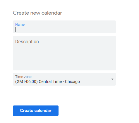Picture of Create Calendar Screen in Google Calendar