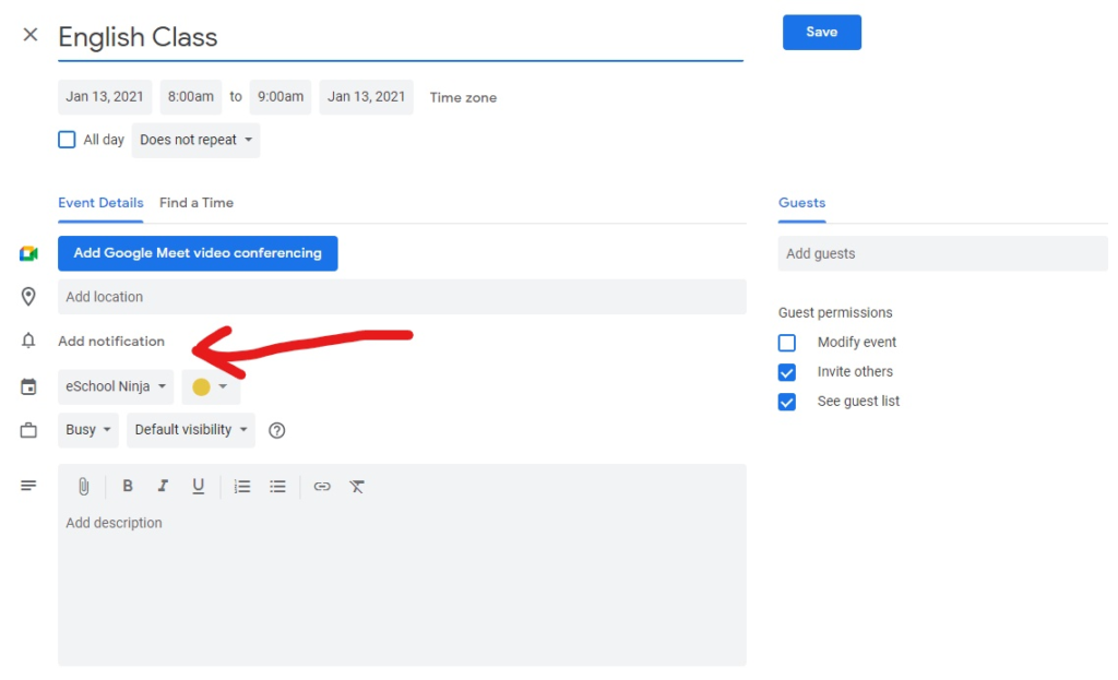 Picture of Add Notification in Add Event for Google Calendar